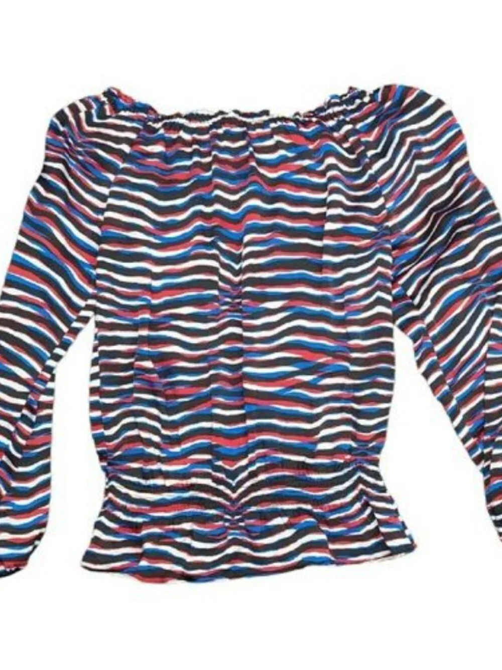 Michael Kors Striped Long Sleeve Blouse Elastic Neck Peplum Top Women's Shirt XS